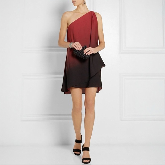 Halston Heritage Dresses & Skirts - HALSTON HERITAGE Women's‎ Chiffon Red Black Ombre One-Shoulder Cocktail Dress S